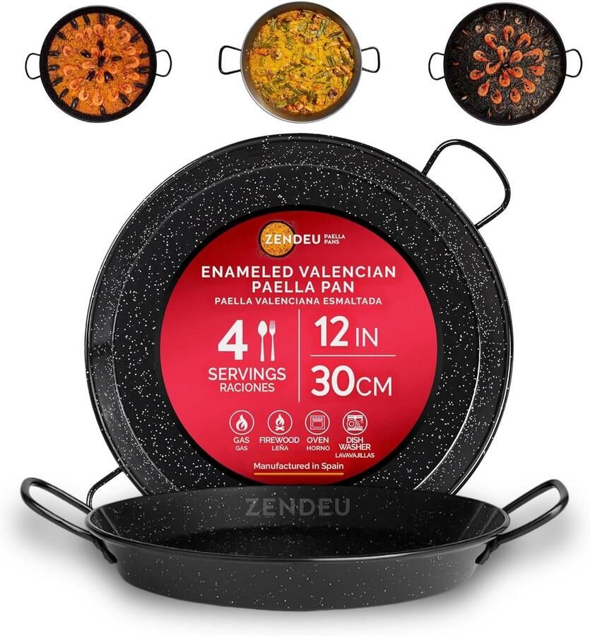 Paella Pan Spaanse Koekenpan Authentiek Koken Geëmailleerd Staal 30 cm Zwart