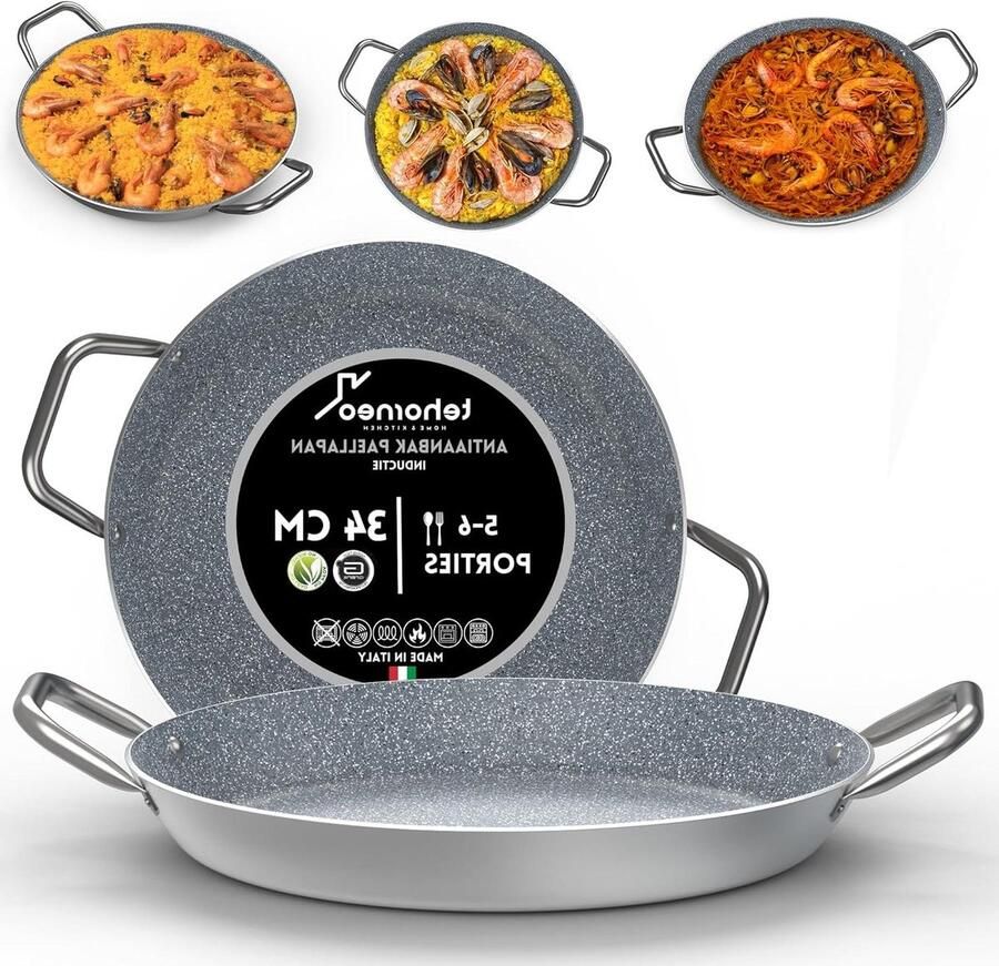 Paellapan Inductie Kookpan Koekenpan Authentiek Koken Steenversterkte Antiaanbaklaag 34 cm Grijs