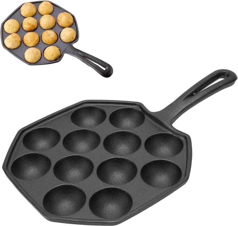 Pan grillpan 12 gaten 4 cm gat anti-aanbak gietijzeren octopus pan met handvat pannenkoekenpan voor gasfornuis inductiekookplaat