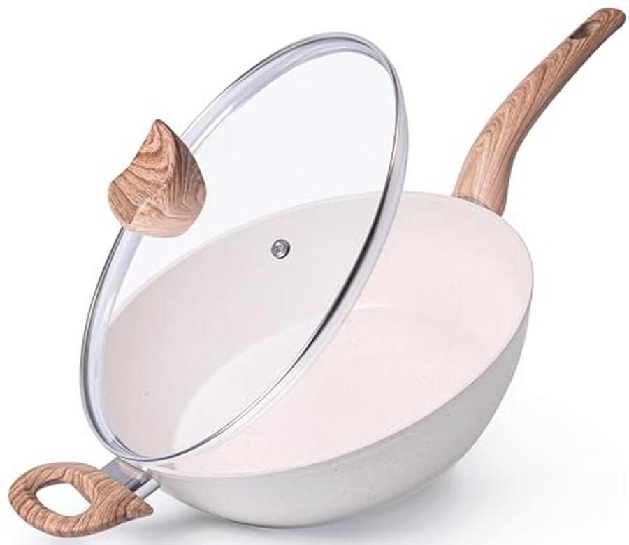 Pan met antiaanbaklaag inductiekookplaat steelpan met deksel 28 cm crème granieten koekenpan