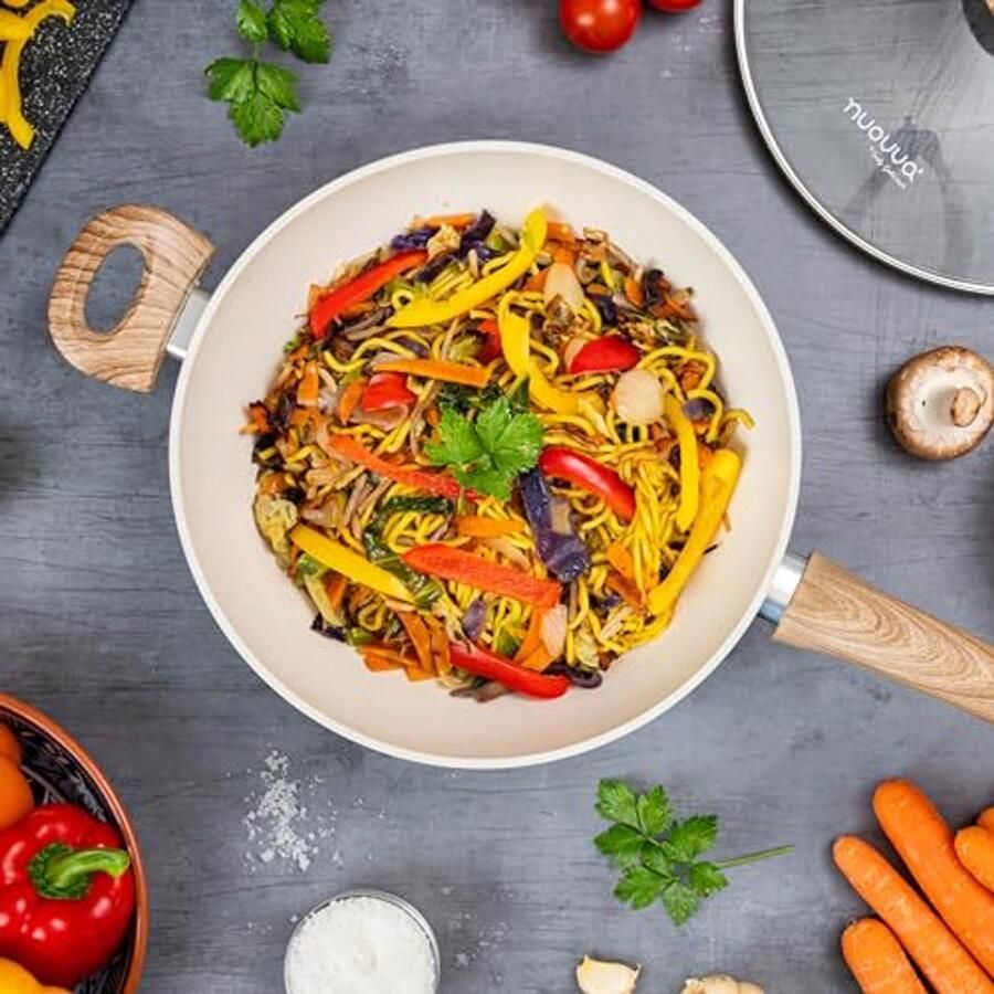 Pan met antiaanbaklaag inductiekookplaat steelpan met deksel 28 cm crème granieten koekenpan