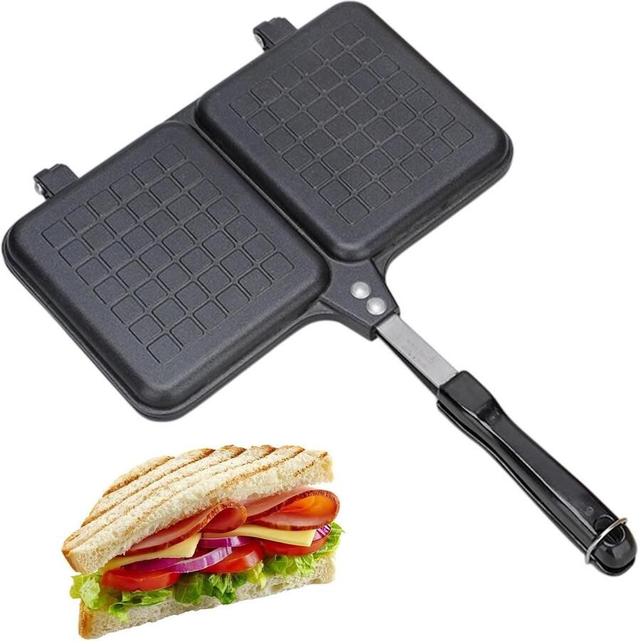 Pan Sandwich Maker Tosti IJzer Brood Ontbijt Maken Dubbele Antiaanbaklaag 36 x 25 cm Zwart