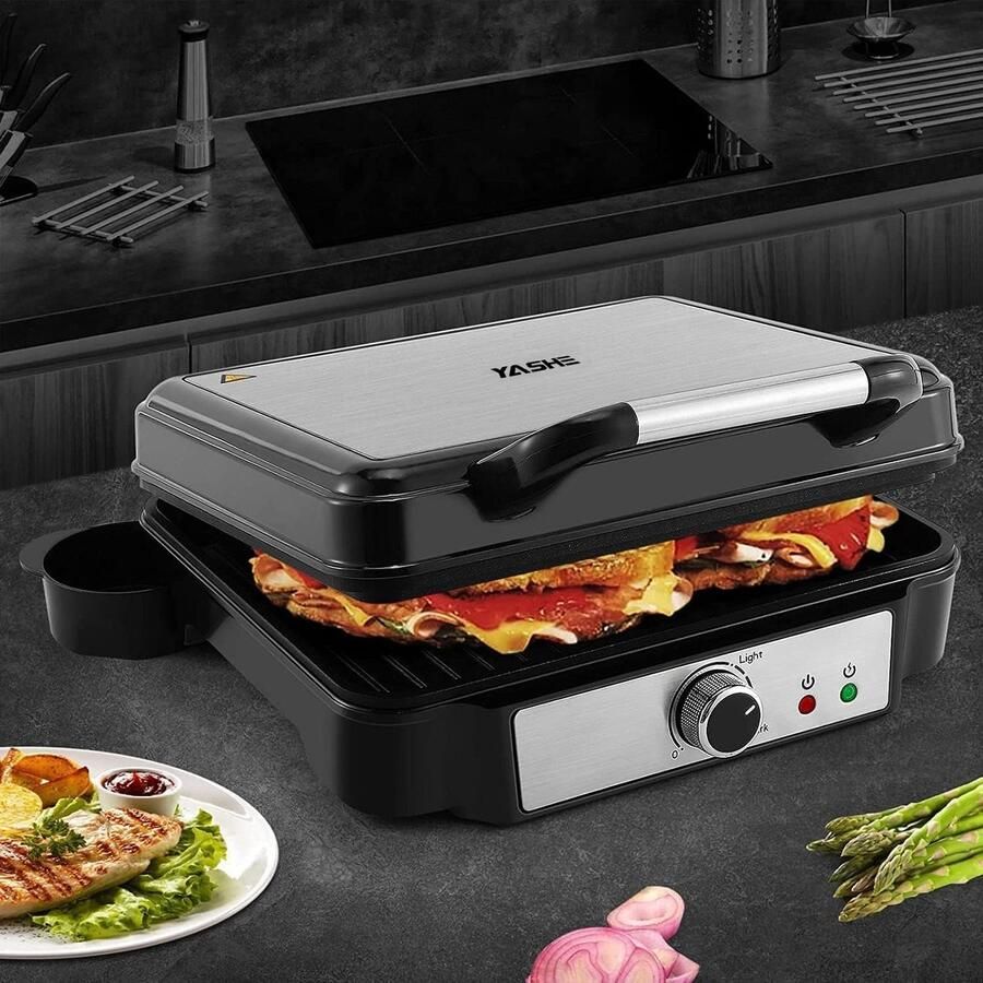 Panini Grill – 1800W Contactgrill – 180° Openklapbaar – Temperatuurregeling – Antiaanbaklaag – Lekbak