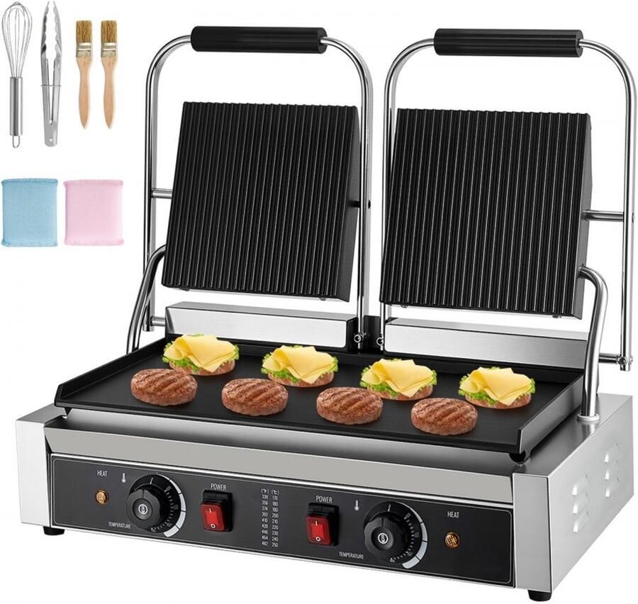 Panini Grill Commerciële Contactgrill 3600 W 48 x 23 cm Verwarmingsplaat Temperatuurregeling RVS Behuizing Paninipers Sandwichmaker