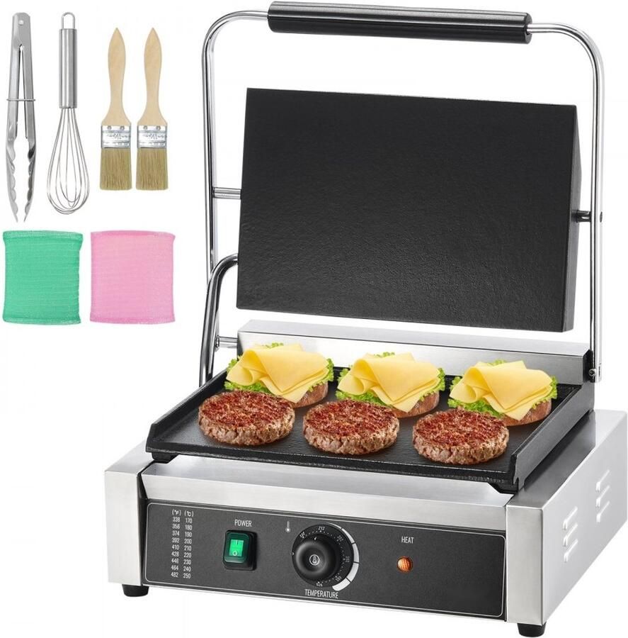 Panini Grill Commerciële Elektrische Contactgrill 2200 W RVS Behuizing Instelbare Thermostaat 36 x 23 cm Platte Emaille Grillplaat Sandwichpers