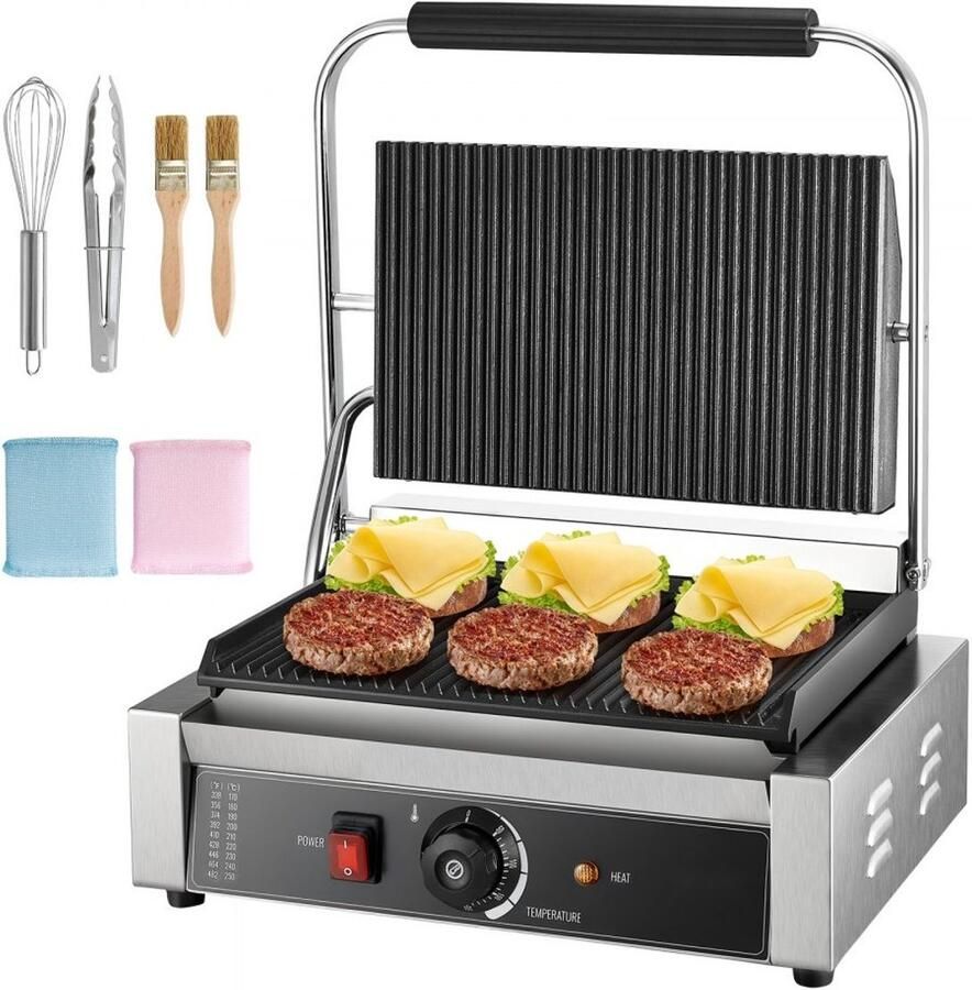 Panini Grill Contactgrill Sandwichmaker 2200 W Vermogen RVS Behuizing Instelbare Temperatuur Grillplaat 34 x 23 cm Voor Sandwiches & Hamburgers