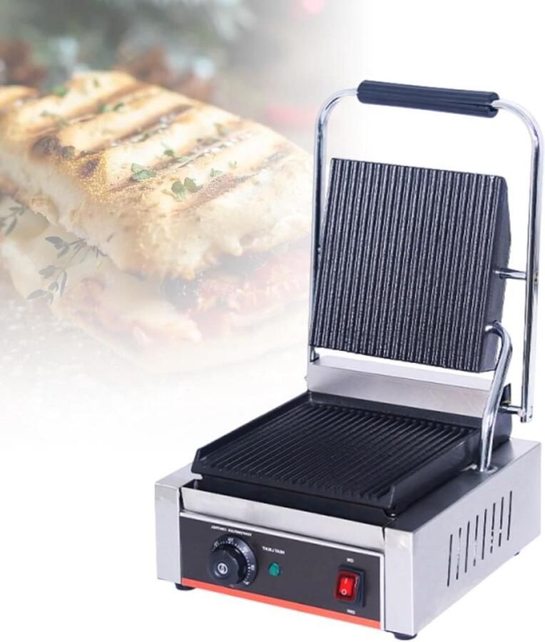 Panini Grill Contactgrill Tafelgrill Sandwiches Grillen Geribbelde Gietijzeren Platen 45D x 37B x 27H cm Zilver