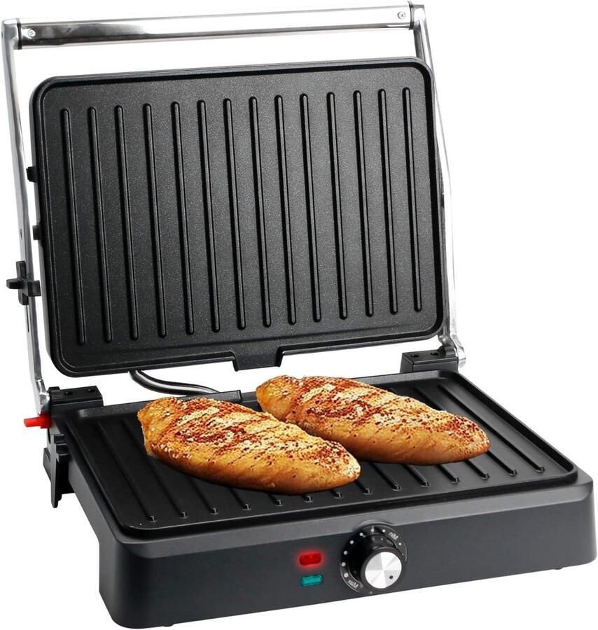 Panini Grill Sandwichmaker Contactgrill Vetarm Grillen 180 Graden Opening 34 x 24 cm Zwart Zilver