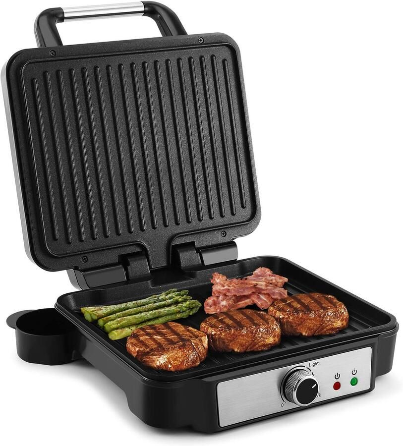 Panini Pers Sandwichmaker 4 Plakken Panini Grill met Antiaanbaklaag Panini Makers met Temperatuurregeling Opent 180 Graden Verwijderbare Lekbak 1800W Roestvrij Staal
