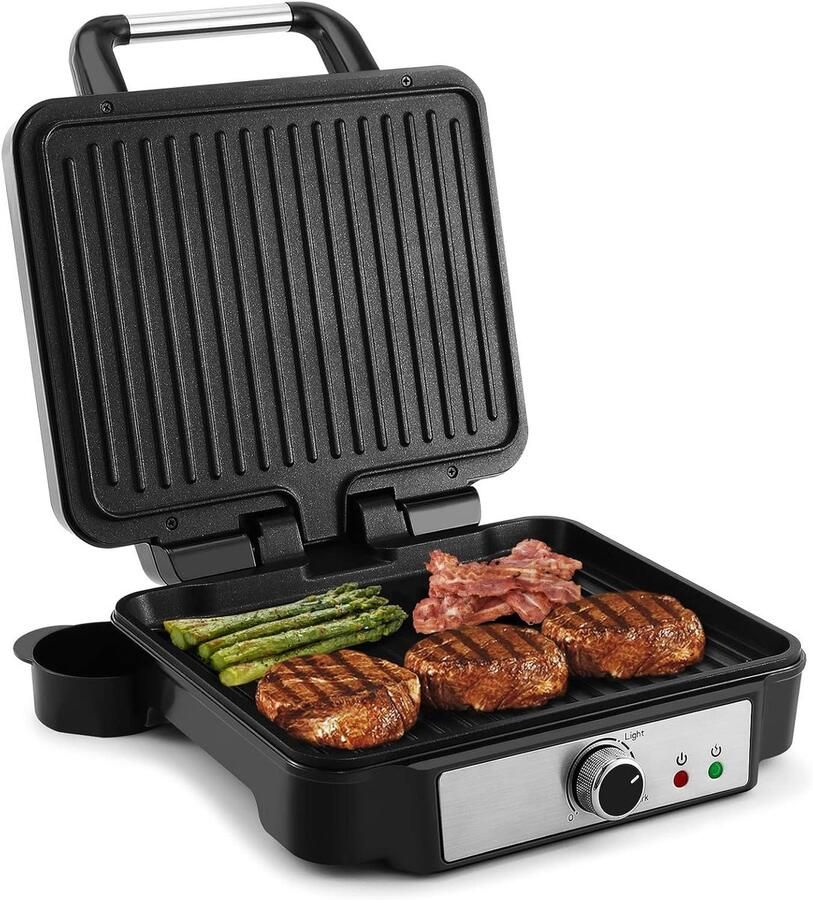 Panini Pers Sandwichmaker met Temperatuurregeling 4 Plakken Grill Antiaanbaklaag 180 Graden Openen Verwijderbare Lekbak 1800W