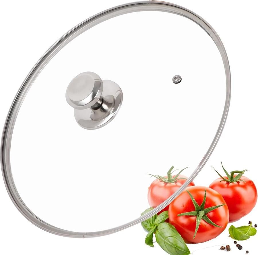 Pannendeksel Glas Universeel Deksel Koken op Inductie Met Stoomuitlaat 30 cm Diameter Zilverkleurig