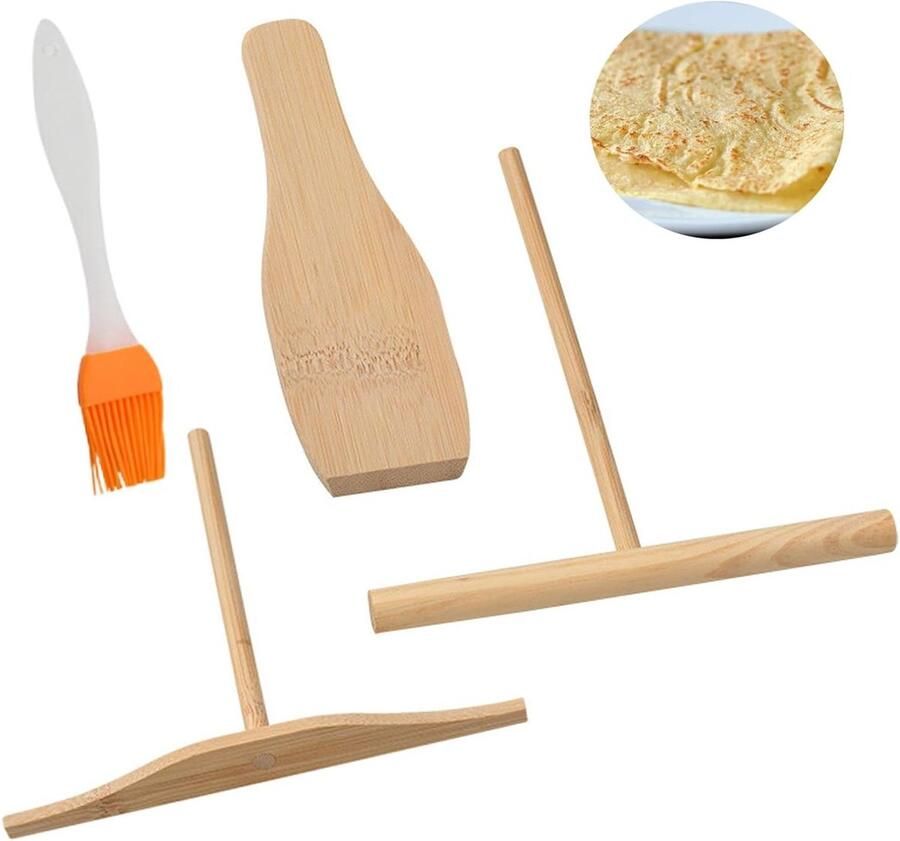 Pannenkoeken Spatel Set Crepe Gereedschap Bakken en Bereiden Duurzaam Bamboe Hout 4 Delig Houtkleur