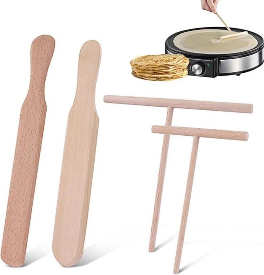 Pannenkoek Accessoires Keukengerei Set Pannenkoeken Bakken Natuurlijk Beukenhout 4 Delig Beige