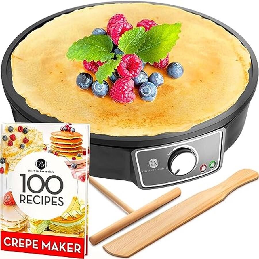 Pannenkoek Bakplaat Crêpe Maker met 100 Recepten Beslagverspreider en Houten Spatel