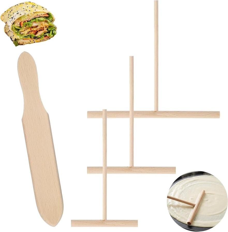 Pannenkoek Bakset Crêpe Gereedschap Beslag Smeren 4 Delige Set 3 Maten Spreiders Houtkleurig