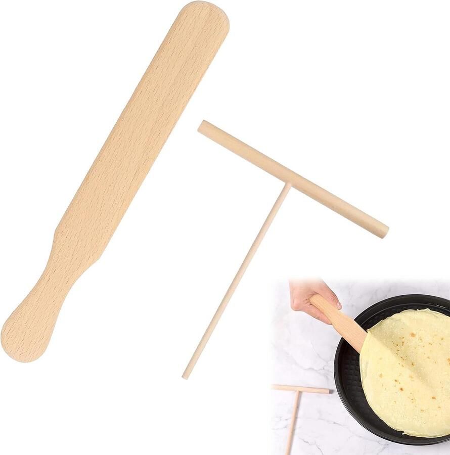 Pannenkoek Set Crêpe Gereedschap Keuken Hulp Natuurlijk Beukenhout 2 Delig Houtkleur