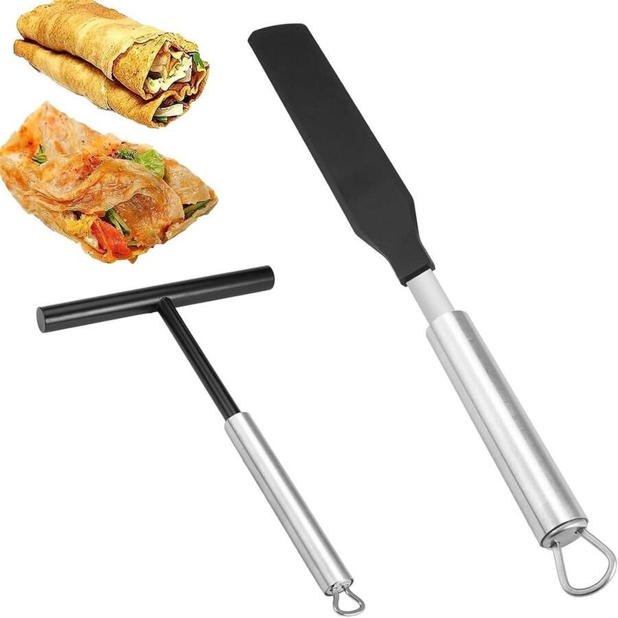 Pannenkoek Spatel Set Crêpe Spreader Deeg Verdelen Roestvrij Staal Nylon 2 Stuks Zilver