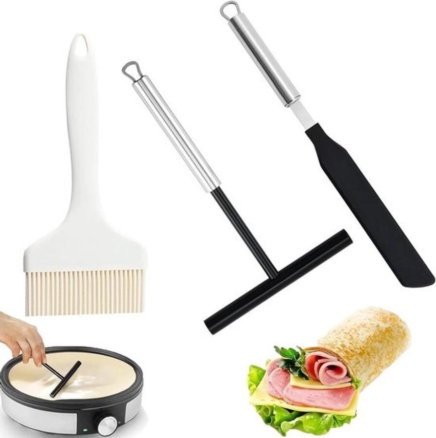 Pannenkoek Spatel Set Crêpes Accessoires Bakken en Koken Roestvrij Staal en Siliconen 3 Stuks