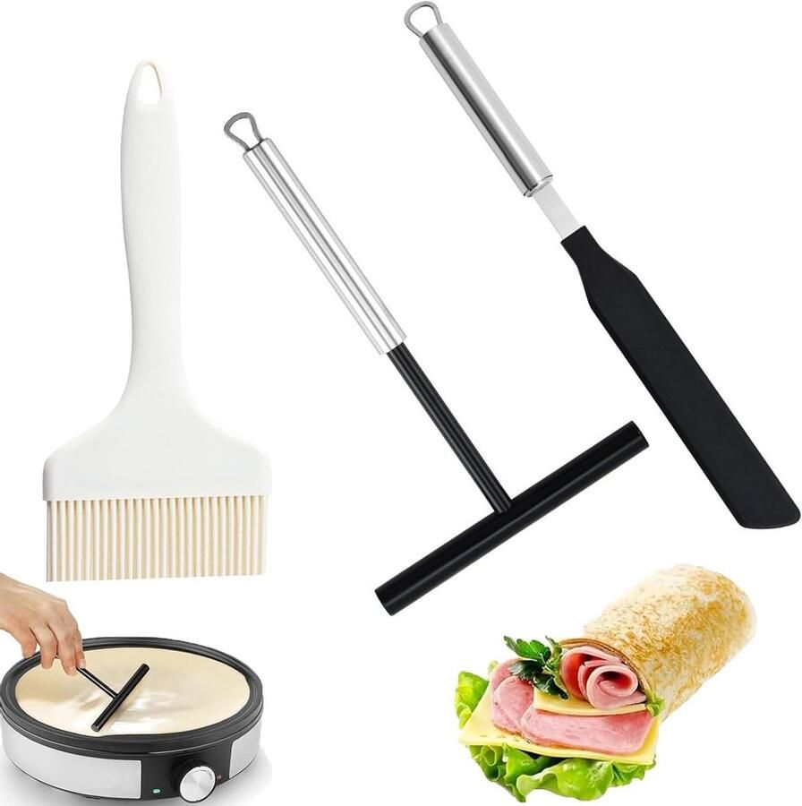 Pannenkoek Spatel Set Crêpes Accessoires Bakken en Koken Roestvrij Staal en Siliconen 3 Stuks