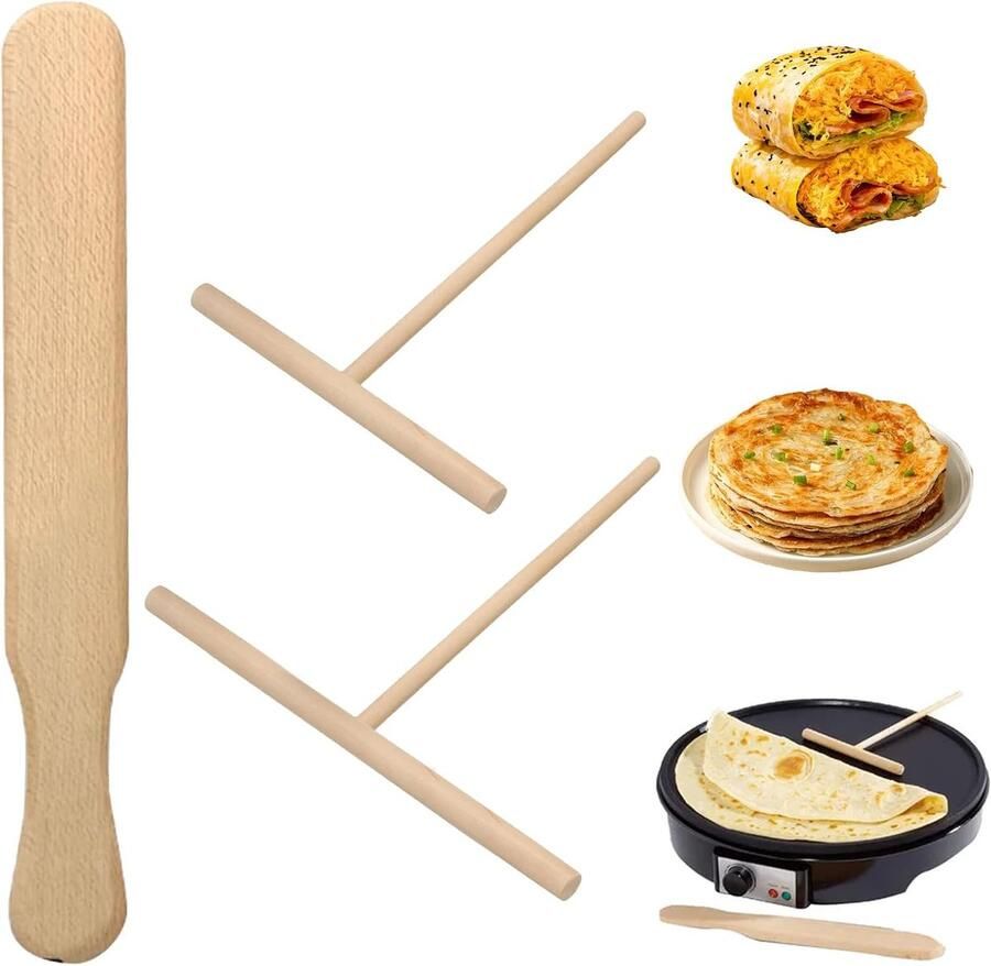 Pannenkoek Spatels Crêpe Hark Verdeelset Bakken & Keuken Set van 3 Stuks Verschillende Maten Houtkleur