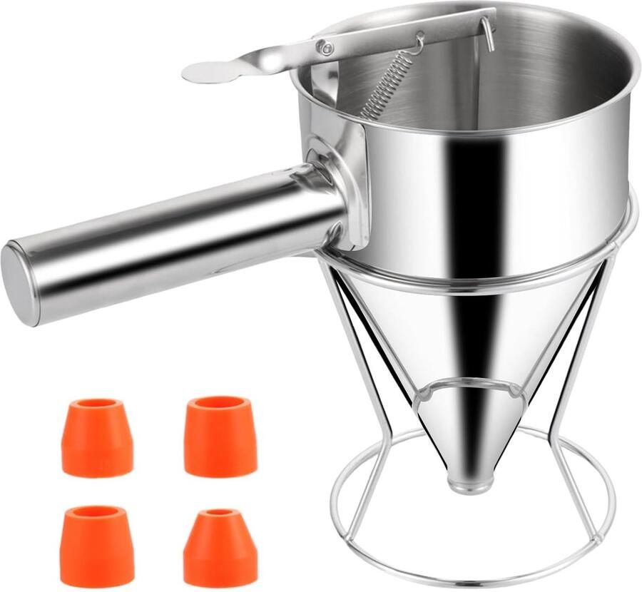 Pannenkoekenbeslag Dispenser van RVS 1200 ml met Rack en 4 Spuitmondjes voor Perfecte Pannenkoeken en Bakmixen