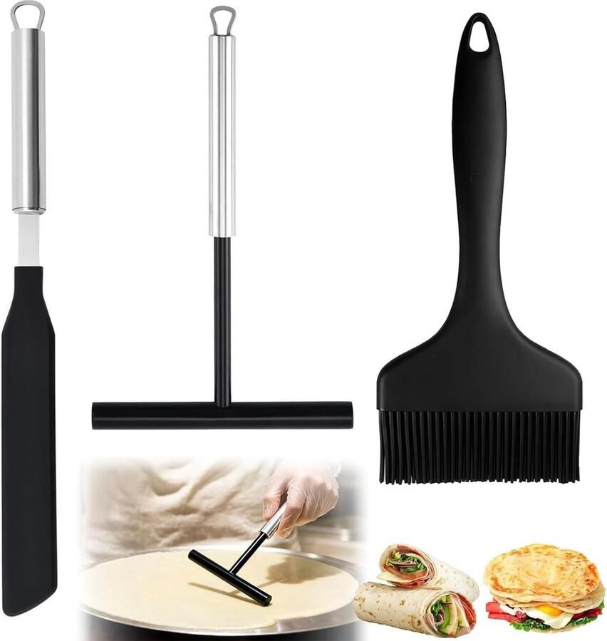 Pannenkoeken Bakset Keuken Accessoires Bakken en Koken Roestvrij Staal & Siliconen 3 Delig Zwart