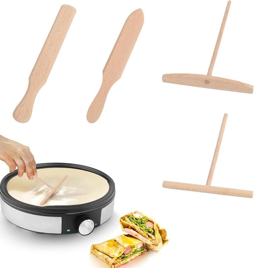 Pannenkoeken Set Bakgerei Keuken Deeg Verdelen 4 Delige Houten Set 34 cm Lengte Natuurlijk Hout