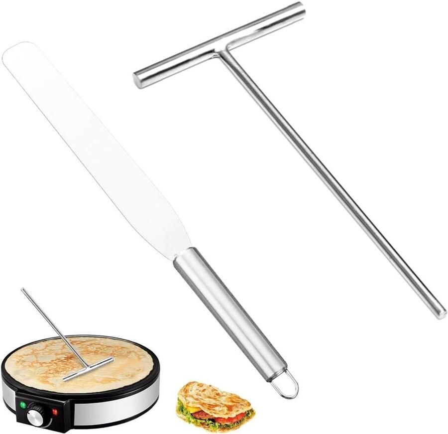 Pannenkoeken Set Crêpe Gereedschap Perfect Bakken Roestvrij Staal 2 Delig Zilver