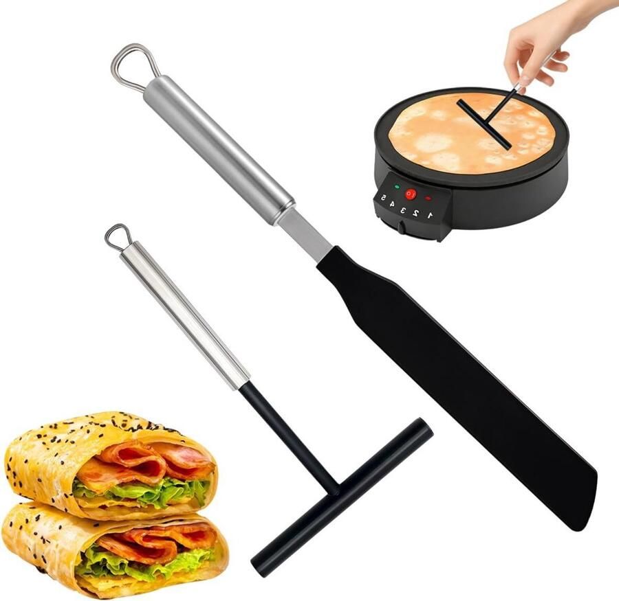 Pannenkoeken Set Crêpe Gereedschap Perfect Bakken Roestvrij Staal 2 Delig Zilver