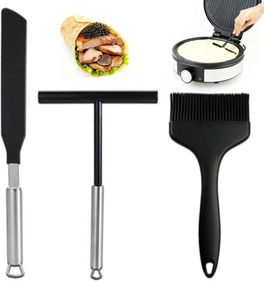 Pannenkoeken Set Crêpe Gereedschap Thuis Bakken Vaatwasmachinebestendig 3 Delig Zwart