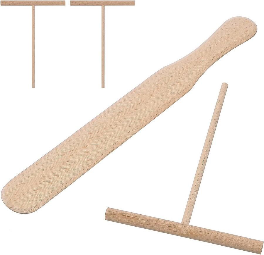 Pannenkoeken set met 4 handige tools: houten spatel (29 cm) en 3 T-vormige accessoires voor het maken van pannenkoeken en deegverdelen
