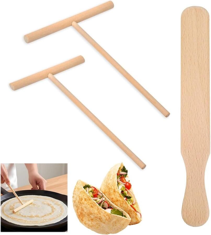 Pannenkoeken Spatel Set Crêpe Verdeelgereedschap Bakken en Braden Natuurlijk Beukenhout 3 Delig Houtkleur