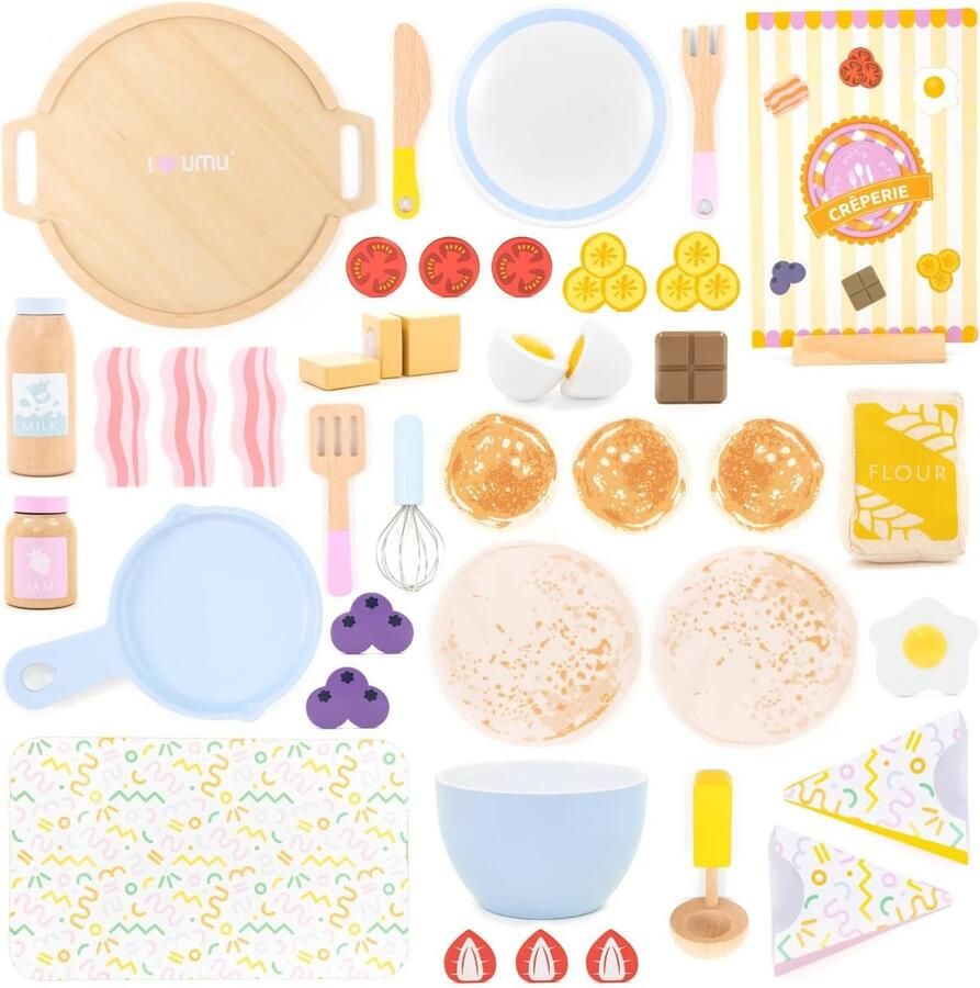 Pannenkoeken speelset van hout Multicolor 44-delig Houten speelgoed set met pan en spatel Voor Kinderen vanaf 3 jaar