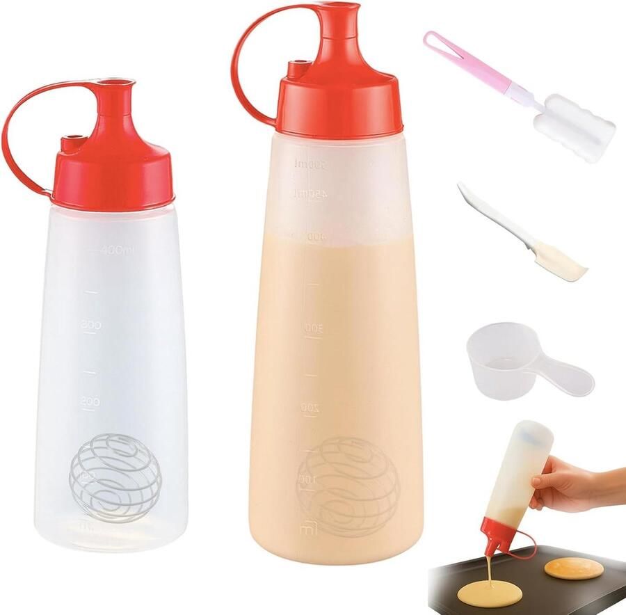 Pannenkoekenbeslag Flessenset Beslag Mixer Dispenser Beslag Maken Gieten Inclusief Gardebal 500 ml + 400 ml Wit