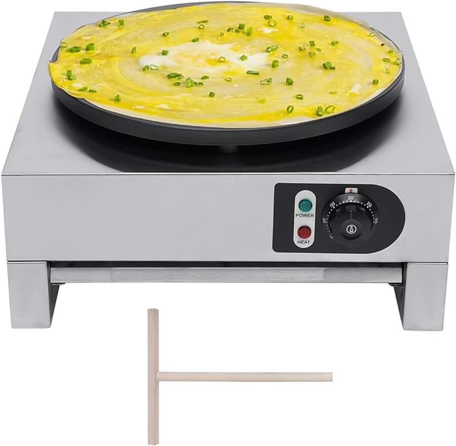 Pannenkoekenmaker antiaanbaklaag Ø 40 cm instelbare temperatuur 50 °-300 °C roestvrij staal uittrekbaar vak voor pannenkoeken omeletten palathammen