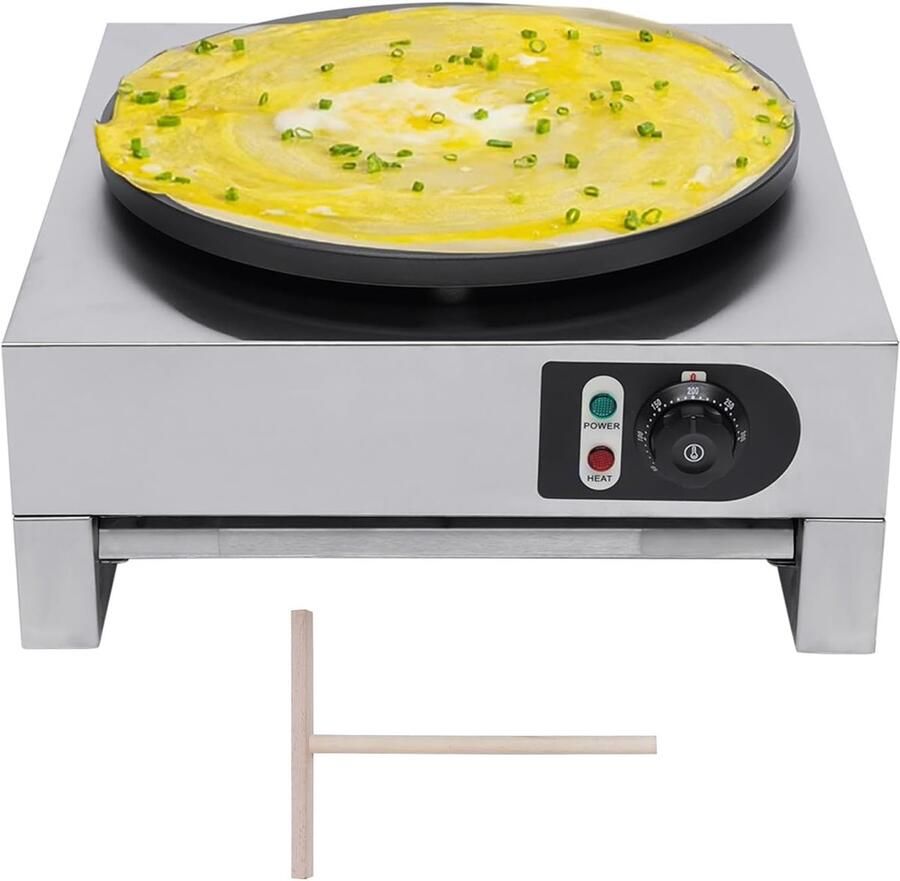 Pannenkoekenmaker antiaanbaklaag Ø 40 cm instelbare temperatuur 50 °-300 °C roestvrij staal uittrekbaar vak voor pannenkoeken omeletten palathammen