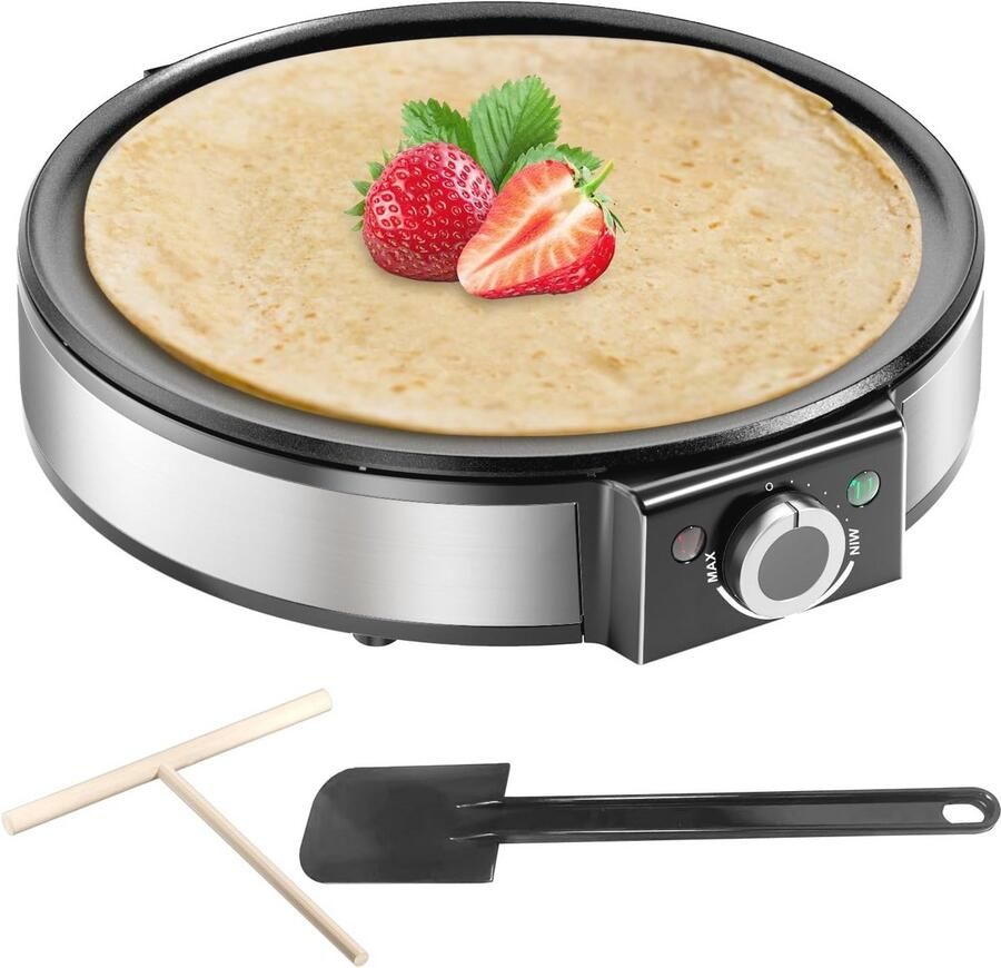 Pannenkoekenpan 1200W met Temperatuurregeling en Anti-aanbaklaag Inclusief Deegverdeler en Spatel