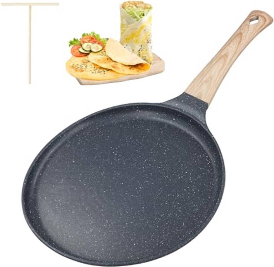 Pannenkoekenpan 24 cm met Deegverdeler – Antiaanbaklaag Houten Handvat Geschikt voor Inductie en Alle Warmtebronnen