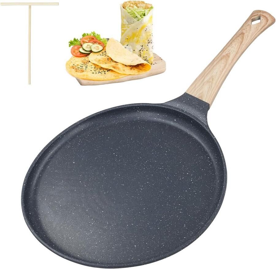 Pannenkoekenpan 24 cm met Deegverdeler – Antiaanbaklaag Houten Handvat Geschikt voor Inductie en Alle Warmtebronnen