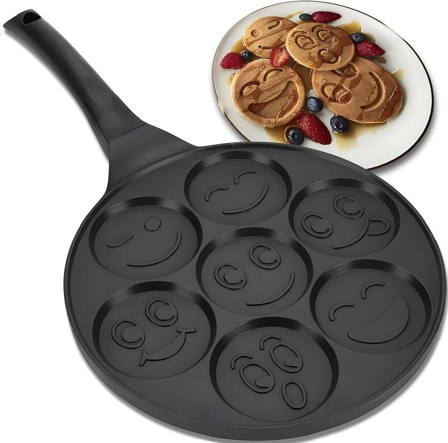 Pannenkoekenpan Ø 26 5 cm 7 Gaten Smiley Anti-aanbaklaag voor Pannenkoeken Spiegelei Eierpan Spiegeleipan Pannenkoekmaker Braadeieren Vormen Zwart