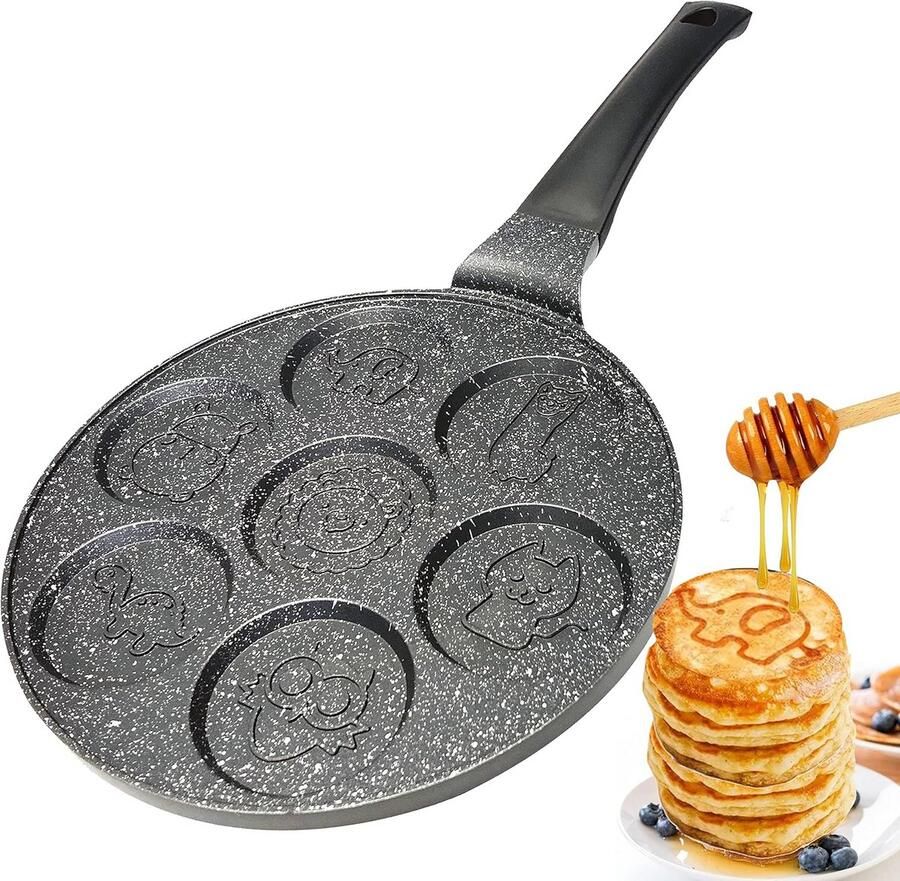 Pannenkoekenpan 7-gats Dieren cartoon pan Kinderen blij maken Antiaanbaklaag 26 cm Zwart