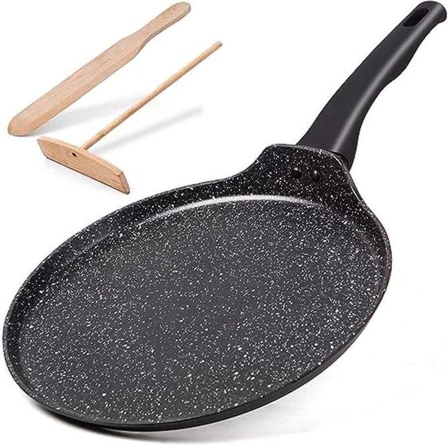Pannenkoekenpan 28 cm Antiaanbakpan voor Perfecte Omeletten en Platte Pannenkoeken Inclusief Deegverdeler en Houten Schep