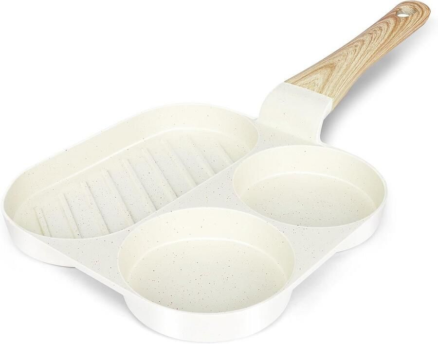 Pannenkoekenpan 3-delig Ontbijtpan koekenpan Eieren bakken Granieten antiaanbaklaag 3 vakken Wit