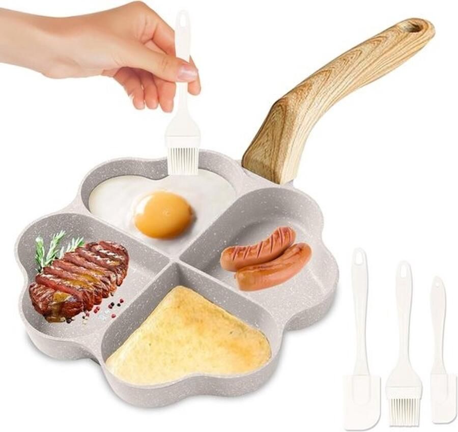 Pannenkoekenpan 4-Gat: Non-Stick Hartvormige Ei Bakvorm met Houten Handvat en Spatels