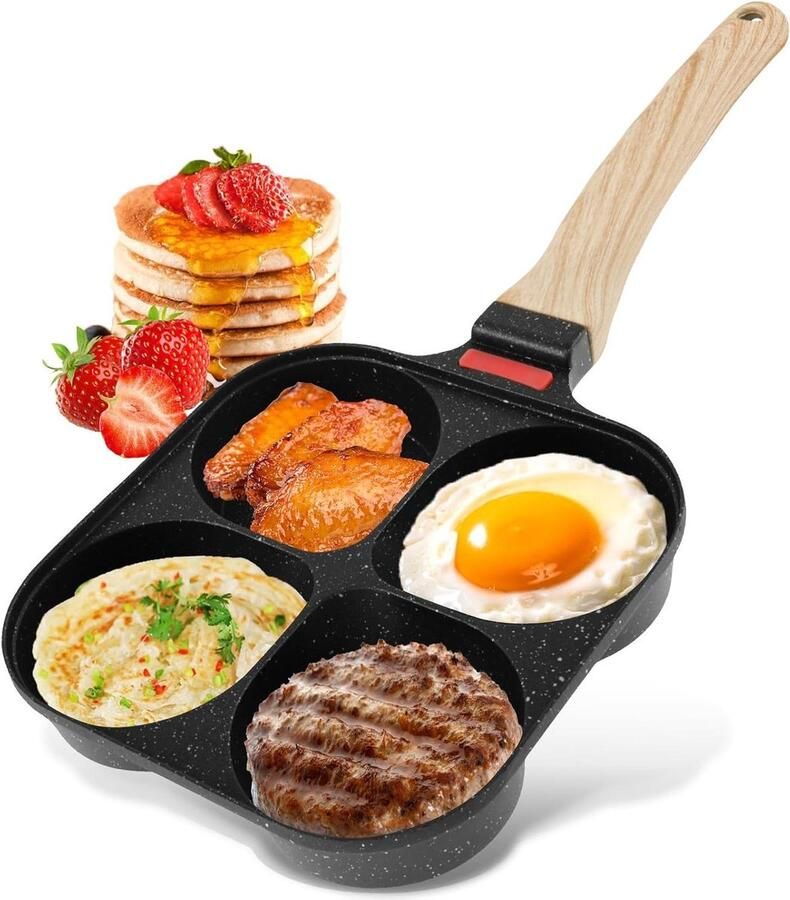 Pannenkoekenpan 4 gaten Eierpan Omeletpan Ontbijt Maken Antiaanbaklaag Medisch Steen 38 x 20 cm Zwart