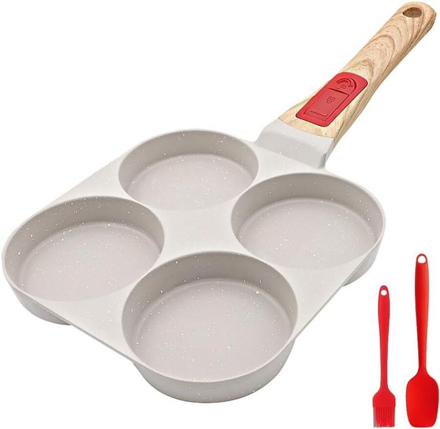 Pannenkoekenpan 4 Gaten Omelet Pan Ontbijt Maken Afneembare Handgreep 9 cm Diameter Wit