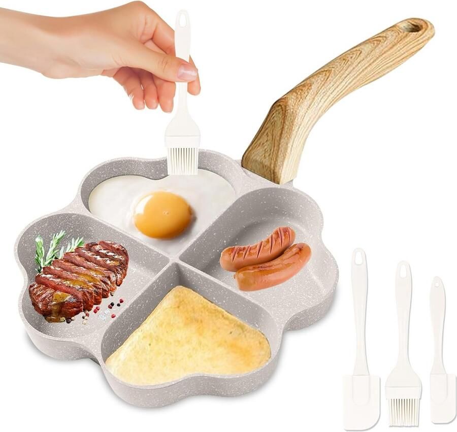 Pannenkoekenpan 4-HoI: Non-Stick Hartvormige Ei Bakvorm met Houten Handvat en Spatels