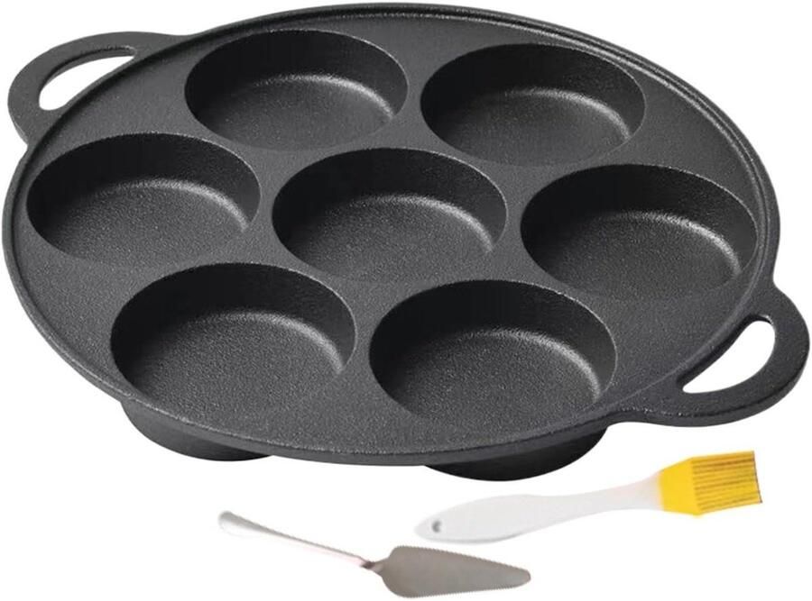 Pannenkoekenpan 7 Gaten Gietijzeren Braadpan Ontbijt Bereiden Antiaanbaklaag 30.5 x 30.5 cm Zwart