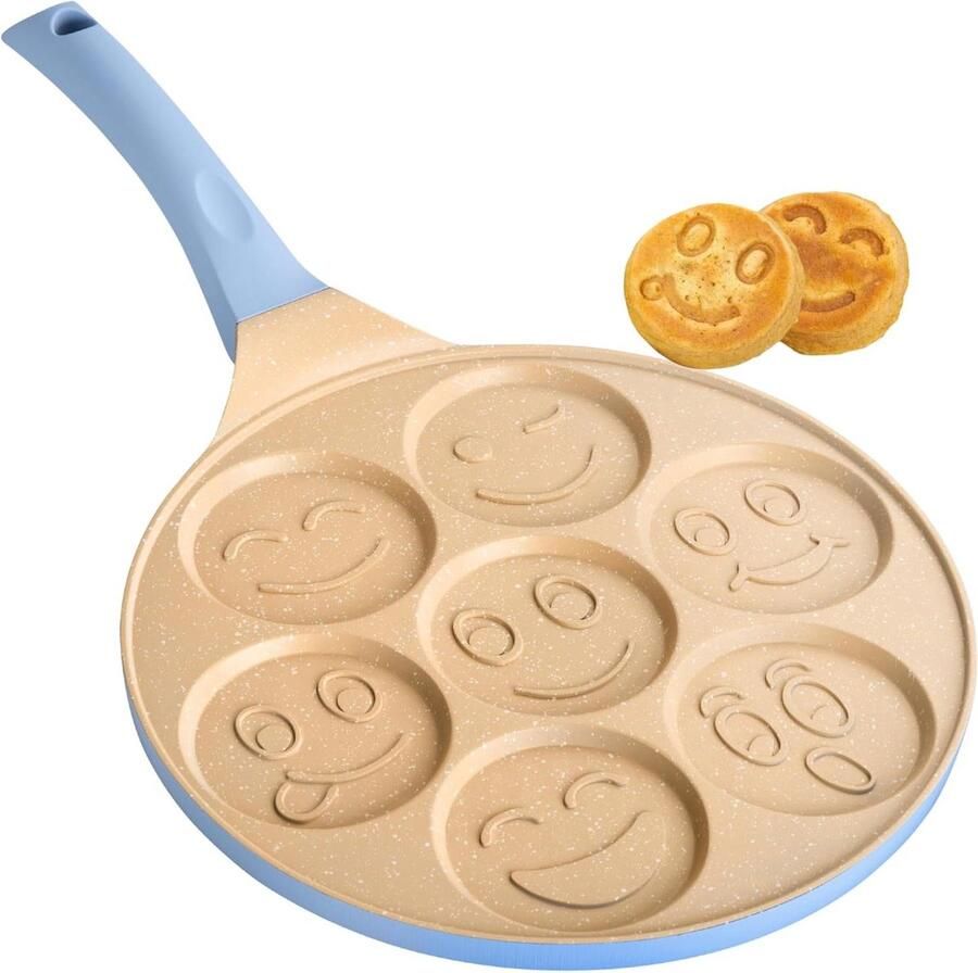 Pannenkoekenpan Crêpe pan Leuk koken 7 gezichtjes tegelijk 26 cm Blauw