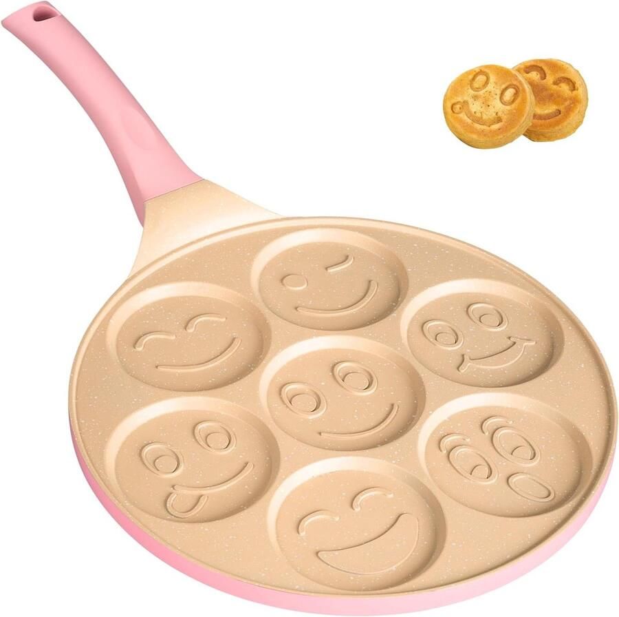 Pannenkoekenpan Crêpepan Mini Leuke Maaltijden Maken 7 Gezichtjes Tegelijk 26 cm Diameter Roze - Foto 1